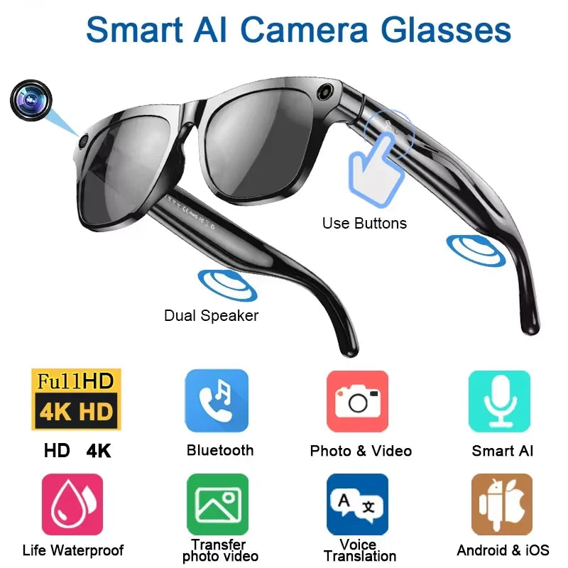AI Smart Glasses 4K HD – Camera Recording, Bluetooth Calls & Live Voice Translation